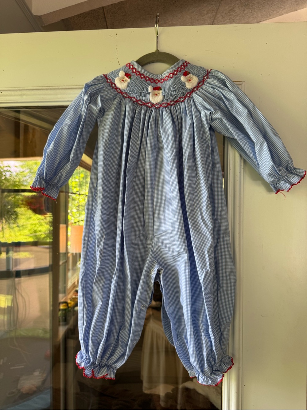 Blue Gingham Smocked Kids One-Piece with Red Trim